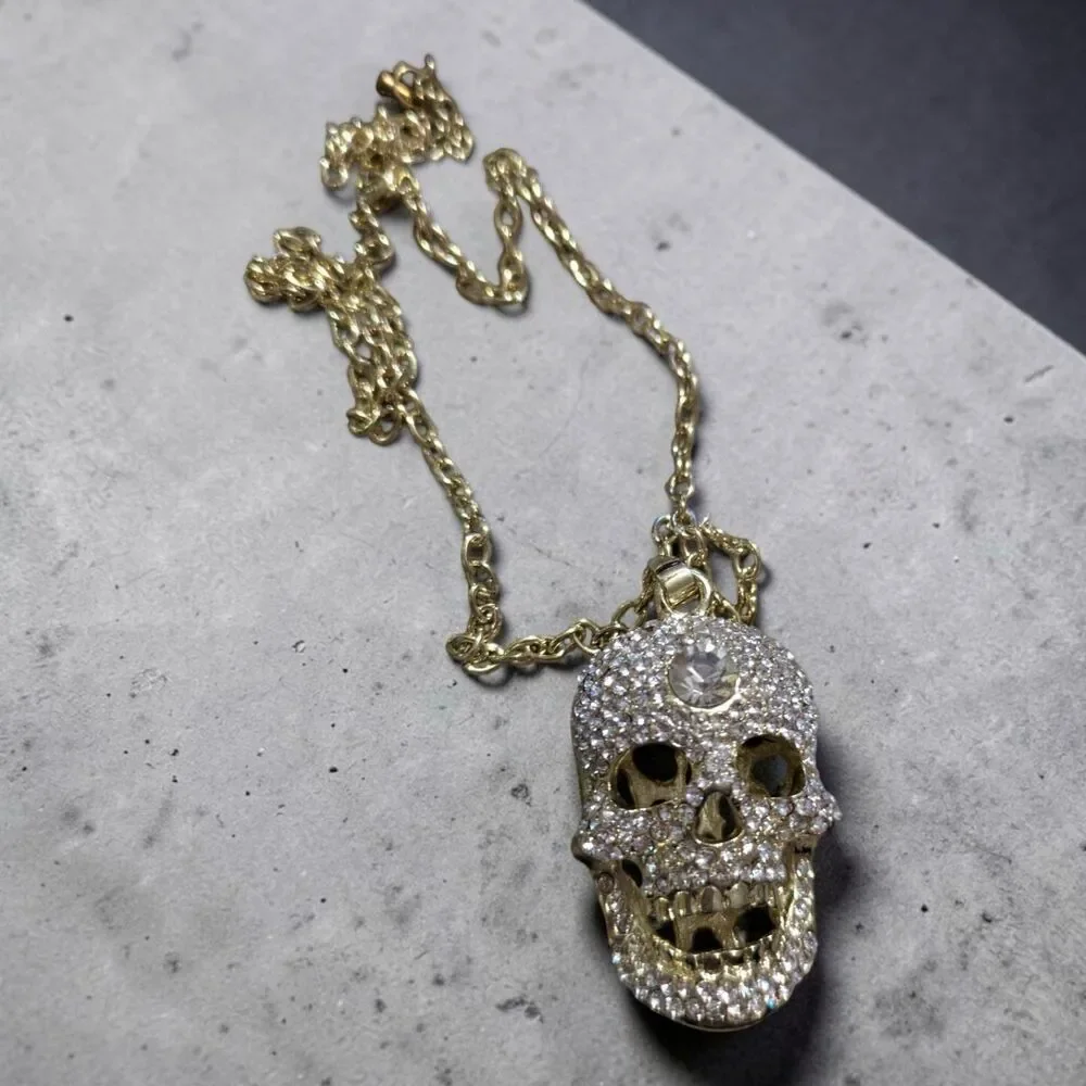 Rhinestone Skull Pendant Necklace, Gothic Halloween Statement Jewelry
